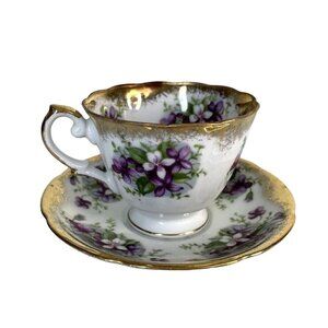 Old Gold Japan Handpainted Gold Edge Purple Floral Teacup & Saucer Made in Japan